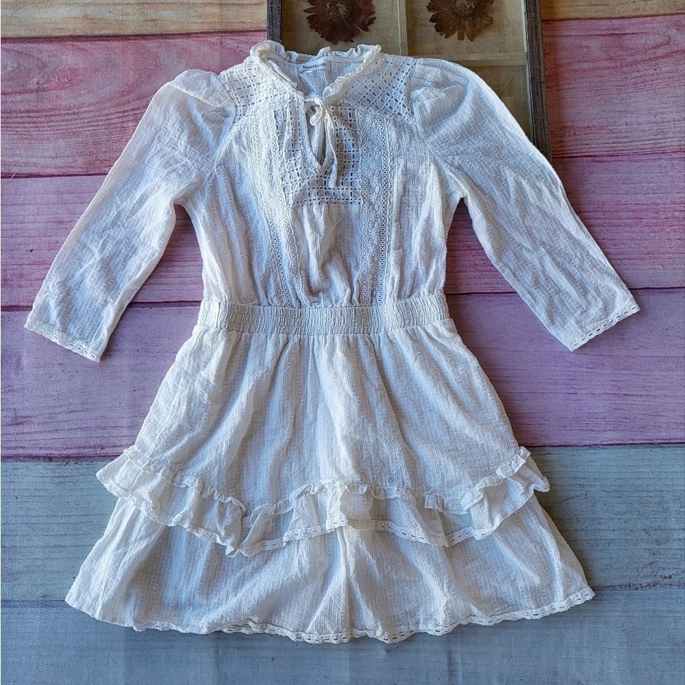 Heartloom White Kelsa Ruffle Embroidered Tie Neck Flared Cotton Mini Dre…